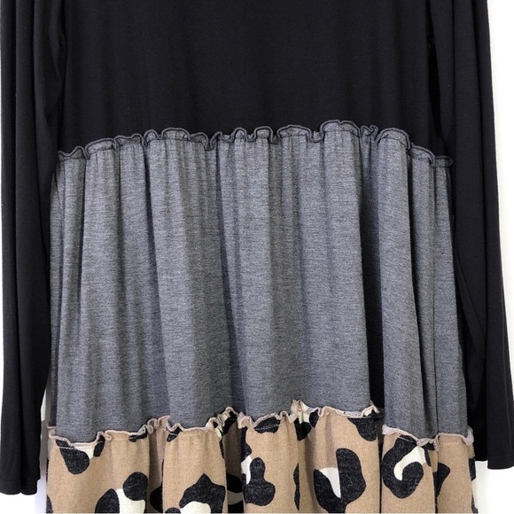 Heimlish USA Black Gray Leopard Animal Print Ruffle Long Sleeve Babydoll Dress L - Picture 3 of 4